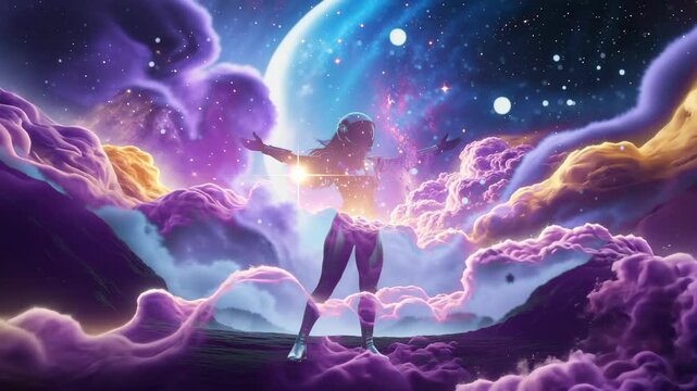 Lifting arms astronaut channeling cosmic energy on rocky alien plain, with swirling nebula clouds