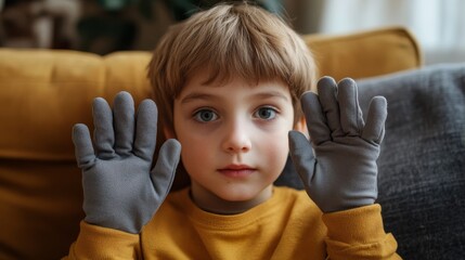 Young Boy Wearing Grey Sensory Gloves on Mustard Yellow Couch