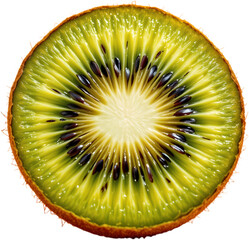 create a vibrant and appetizing image featuring a freshly cut kiwi fruit in half to reveal its juicy interior, employ a low angle perspective to add depth and dimension to the position