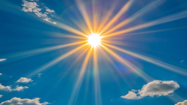 Bright Sun Rays Shining Through Blue Sky Clouds