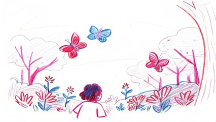 Illustration of a child looking at butterflies in a whimsical flower and tree field