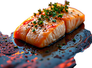 create a vivid and inspiring piece of art featuring a single piece of fish fillet with herbs, use a flat lay position