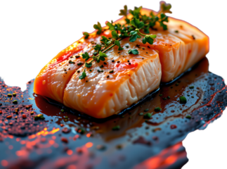 create a vivid and inspiring piece of art featuring a single piece of fish fillet with herbs, use a flat lay position