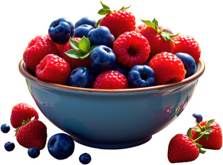 create a vibrant and colorful art piece of a bowl of fresh berries under a radiant sunny sky with cheerful lemon hues