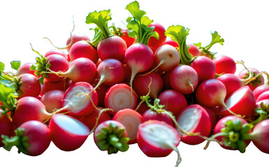 create a vibrant and futuristic image of a pile of radishes with green tops, set against a backdrop of bright crystal blue, use split perspective to add depth