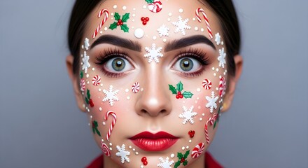 Close-up of a woman's face decorated with snowflakes, candy canes, and holly for festive holiday spirit.