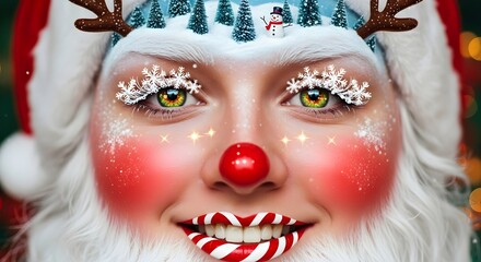 Close-up of a woman dressed as Santa with Rudolph nose, Christmas trees and snowman on forehead. Holiday spirit concept.