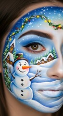 A woman wears a Christmas themed face paint with a snowman, houses, and snow and festive garland details. Holiday body art design.