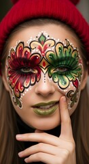 Woman with intricate face paint in red, green, and gold colors. Folk art design on skin for celebration or performance.