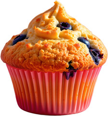 create a vibrant and inviting scene of a single blueberry muffin with its golden top, bathed in bright pastel hues, use minimalistic elements to emphasize the muffins delightful appearance