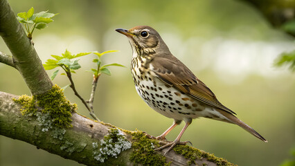Obraz premium Song thrush perched on a mossy branch with new spring leaves