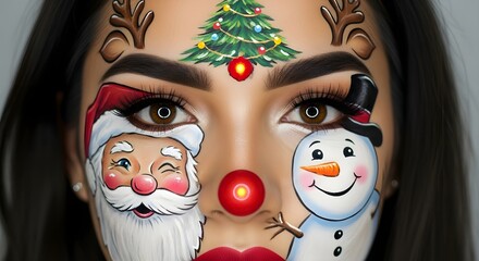 Close up of a woman with Christmas themed face paint and makeup. Creative body art for holiday celebration.