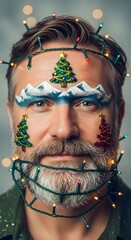 Man with string lights and Christmas tree decorations on his face. Bearded male model with creative winter makeup for holiday advertising.