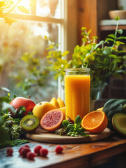 Fototapeta premium Refreshing Yellow Smoothie Surrounded By Fresh Fruits, Vegetables, And Herbs On Kitchen Countertop