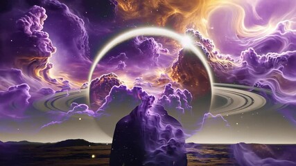 Camera zooming in on rocky monolith at alien surface, with pulsing halo ring and swirling clouds - Powered by Adobe