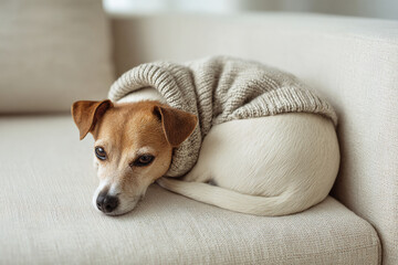 Small dog wearing a neutral knitted sweater curled up on light beige sofa with textured fabric, minimalist room with soft lighting
