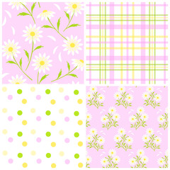 Seamless Summer Pattern Set with Daisies, Plaid and Polka Dots Vector Collection