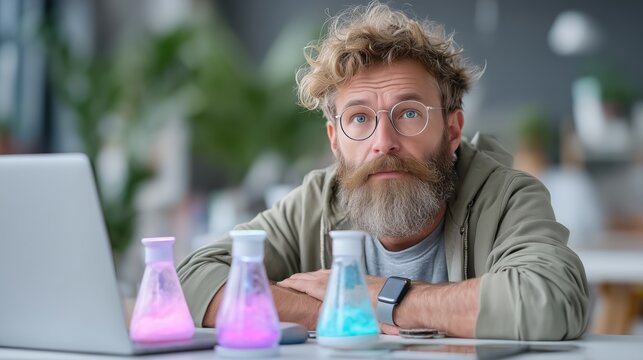 Science experiment laboratory image indoor close-up researcher analyzing chemical reactions and solutions