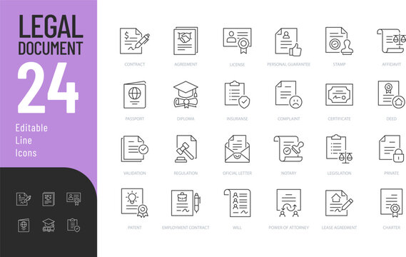 Legal Document Editable Icons set. Vector illustration in modern thin line style of icon pack contain passport, contract, agreement, and more. Isolated on transparent background.