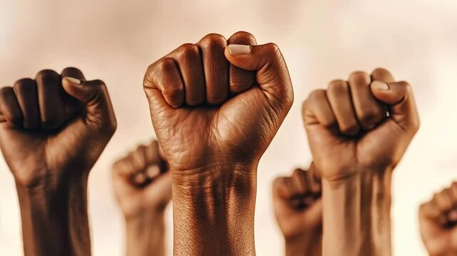 Raised fists in solidarity, symbolizing strength, unity, and protest for social justice and equality.
