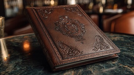 Embossed leather notebook resting on a bar top with blurry bottles for cocktail recipes