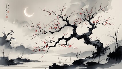 Elegant japanese ink painting of a blooming plum tree under a crescent moon