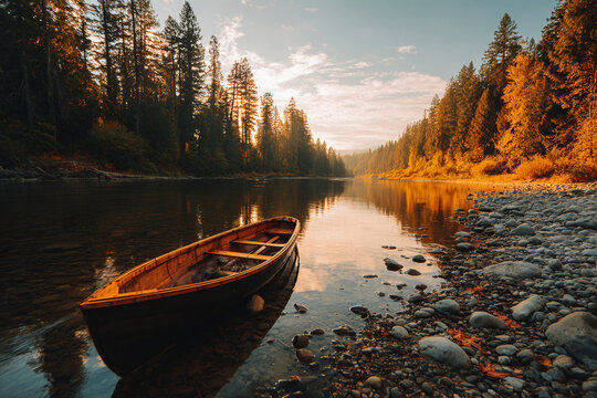 Serene alpine lake with still reflective water, single wooden rowboat moored near shore, surrounded by mountains