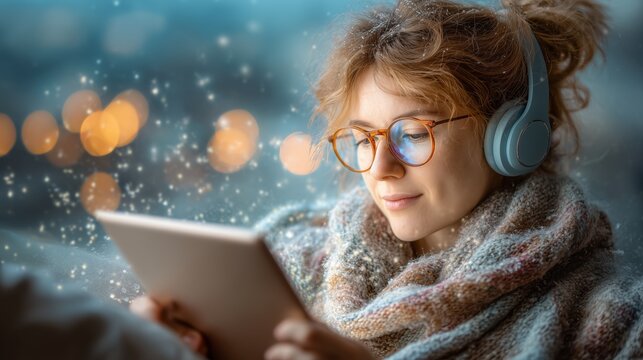Woman enjoying digital reading cozy indoor setting lifestyle winter vibes close-up perspective digital engagement