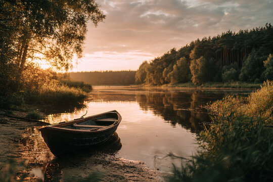 Serene alpine lake with still reflective water, single wooden rowboat moored near shore, surrounded by mountains
