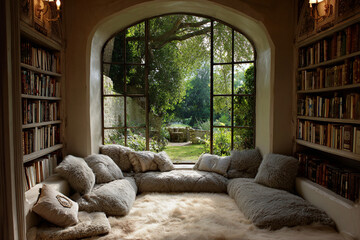 Sunken reading corner with plush floor cushions and large arched window facing a private garden