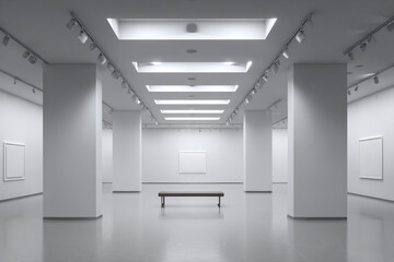 Symmetrical shot of art gallery hallway with modular lighting and floating partitions, a single bench in center