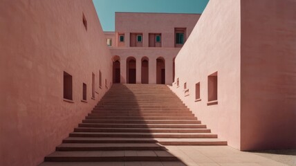 Isometric minimal architecture, surreal stairs, pink color, no people