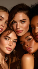 Obraz premium Close-up portrait of group young women with expressions, dark skin, minimal makeup, soft lighting, dark background.Ethnic beauty women face closeup healthy beautiful natural female protrait