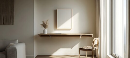 Fototapeta premium Modern Minimal Wall Mounted Desk Setup With Organized Study Elements and Plain Offwhite Wall in the Background