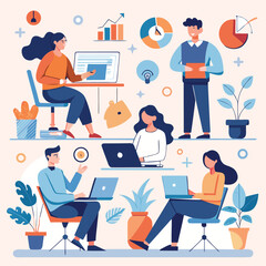 Flat Business People Working Illustration Set  Teamwork & Office Scenes SVG