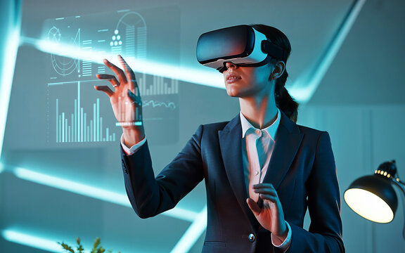 Photo of a businesswoman in a suit interacts with holographic data charts while wearing a vr headset