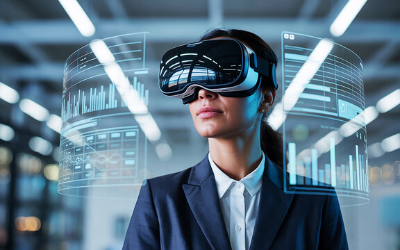 Photo of a businesswoman wearing a vr headset looks at holographic data charts in a modern office