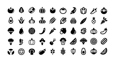 Vegetable Icon Set – Editable Stroke Vector Icons of Tomato, Cucumber, Onion, Pumpkin, Pepper, Eggplant, Zucchini, Avocado, Spinach, Peas, Corn, Garlic, Lettuce, Mushroom, and More 