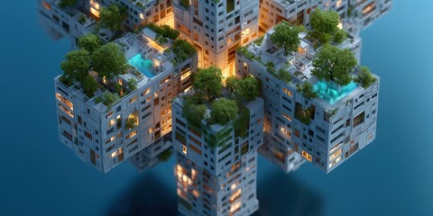 Obraz premium Futuristic architecture with floating buildings and greenery.