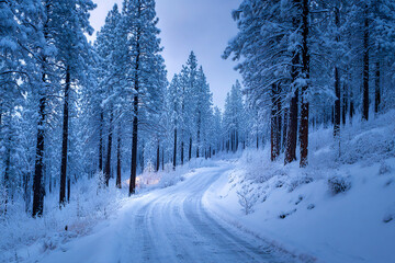 Naklejka premium Winding trail cutting through quiet pine forest after fresh snowfall, untouched snow and soft blue light, captured from low angle