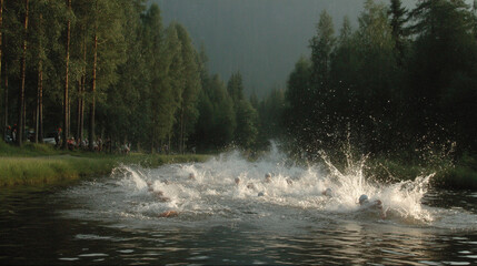 Swimmers burst into action, creating a spectacular splash at the start of an open water race surrounded by a serene forest.
