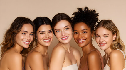 Fototapeta premium Close-up portrait of group young women with expressions, dark skin, minimal makeup, soft lighting, dark background.Ethnic beauty women face closeup healthy beautiful natural female protrait