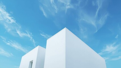 Sleek angular white buildings with clean lines against blue sky with white clouds at daytime