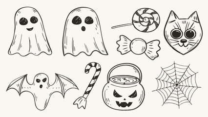 Naklejka premium A collection of hand drawn halloween themed doodles including ghosts, candy, a cat, and a spider web design