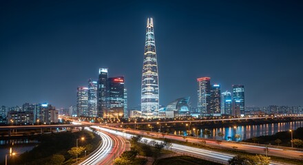 Obraz premium Illuminated City Skyline with Dark Blue Sky and Motion Blurred Car Lights at Night