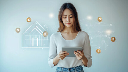 Asian young woman using tablet for online financial transactions with digital currency symbols and virtual reality interface