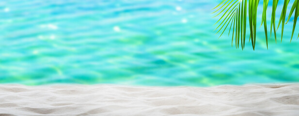 palm leaf at sand beach with turquoise blurred sea water background, abstract summer beach backdrop with copy space for product display for travel, vacations or beauty spa