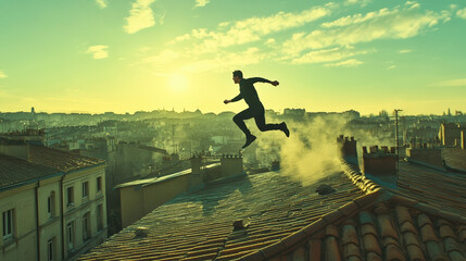 Man jumping between rooftops at sunrise with cityscape in background