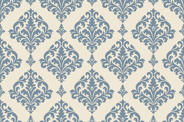 Vintage floral damask pattern in blue on a cream background. Elegant and seamless design, perfect for wallpaper, textiles, or classic-themed graphics.