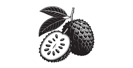 Detailed black and white illustration of a soursop fruit and leaves silhouette